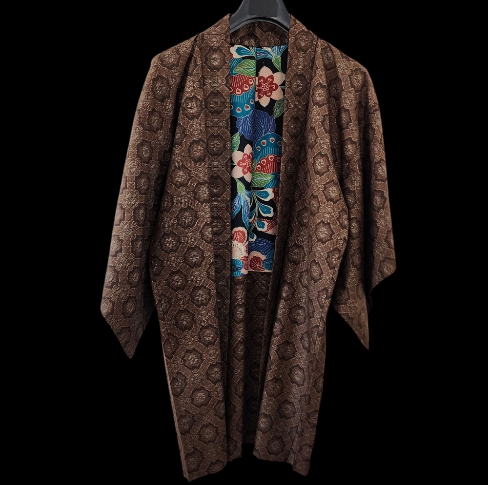 Vintage kimono silk hand stitched haori jacket brown floral lining -K11 - Picture 10 of 16